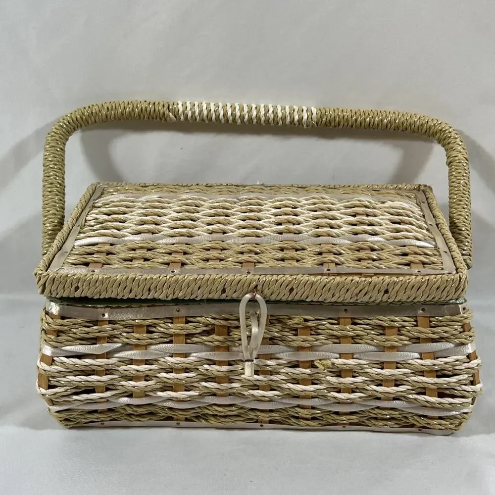 Vintage Woven Straw Wicker Sewing Basket Box Handle Satin Lining Rectangle